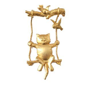 vtg JJ JONETTE JEWELRY Swinging Cat brooch pin
